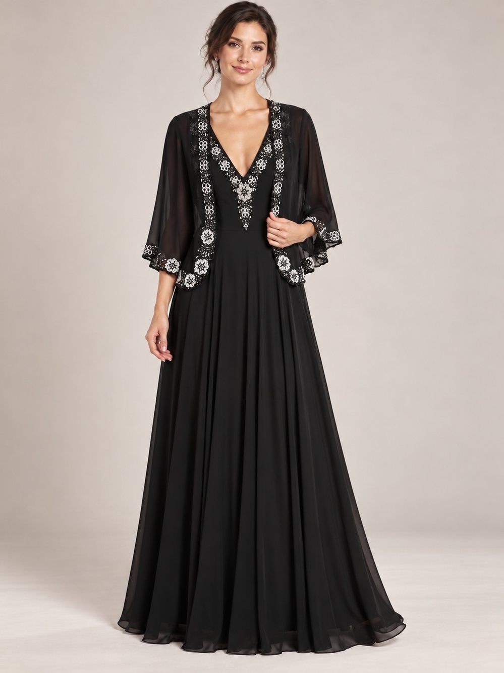 J Kara Black Maxi Dress with White Floral Embroidery
